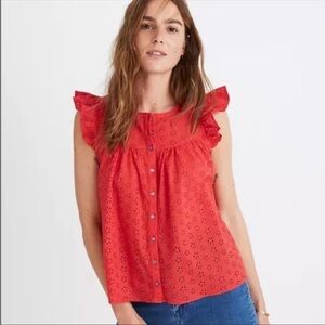 Madewell Red Eyelet Flutter Sleeve Top